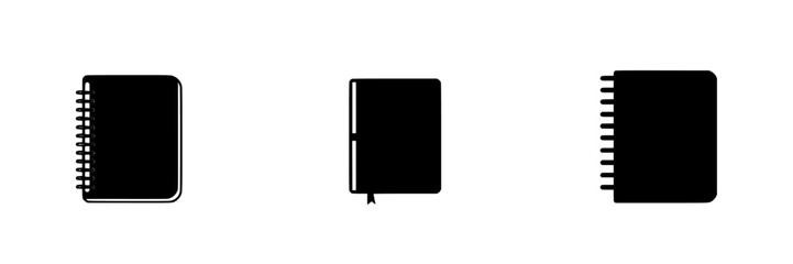Collection of flat black notebook icons representing various styles and designs for digital applications and projects