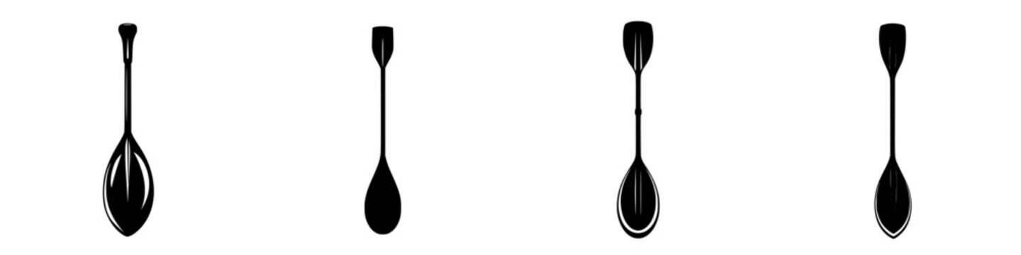 Collection of flat black icons depicting various spoon designs for culinary use on a white background