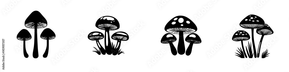 Poster mushroom icons in flat black design showcasing various styles and shapes ideal for minimalistic art 
