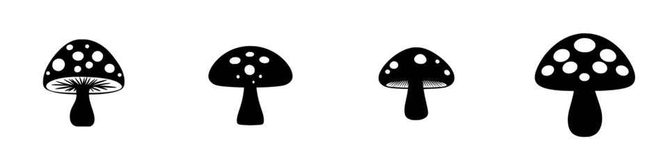Collection of flat black mushroom icons featuring different designs and shapes available for use in various graphic projects
