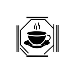 Flat black icon of a steaming coffee cup on a saucer in a minimalistic design