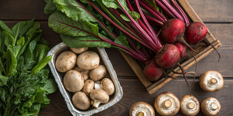 Overhead image of fresh produce, including beetroot and mushrooms