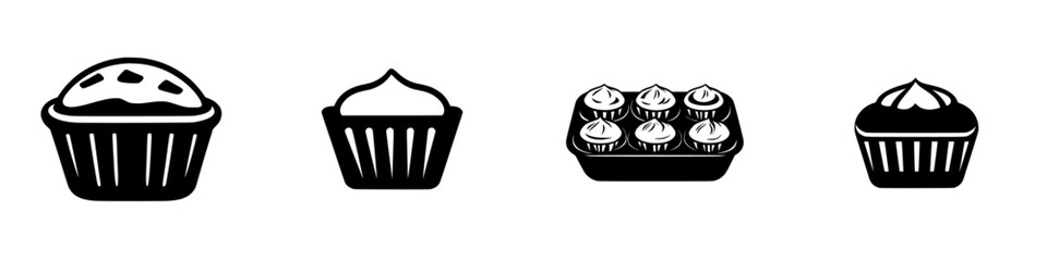 Collection of flat black cupcake icons featuring various designs and styles for digital use