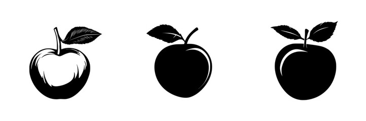 Variety of black and white apple icons displayed with simplicity for graphic design usage
