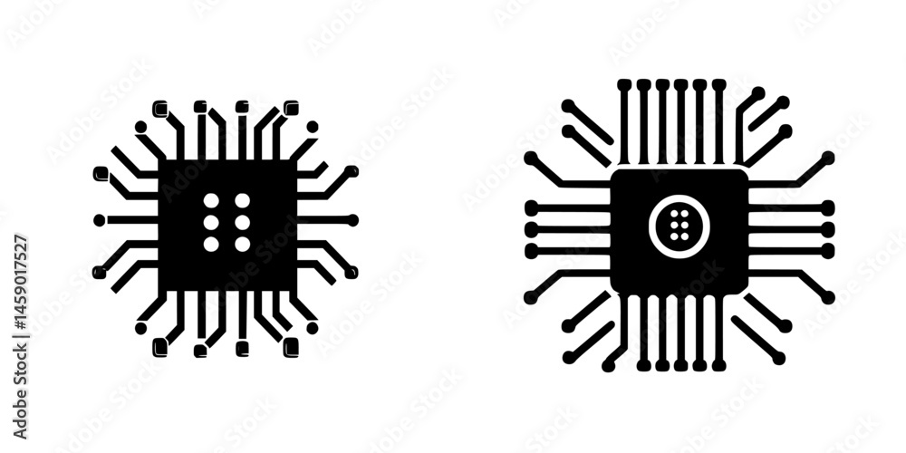 Poster flat black icon representing two different microchip designs showcasing intricate circuit patterns a