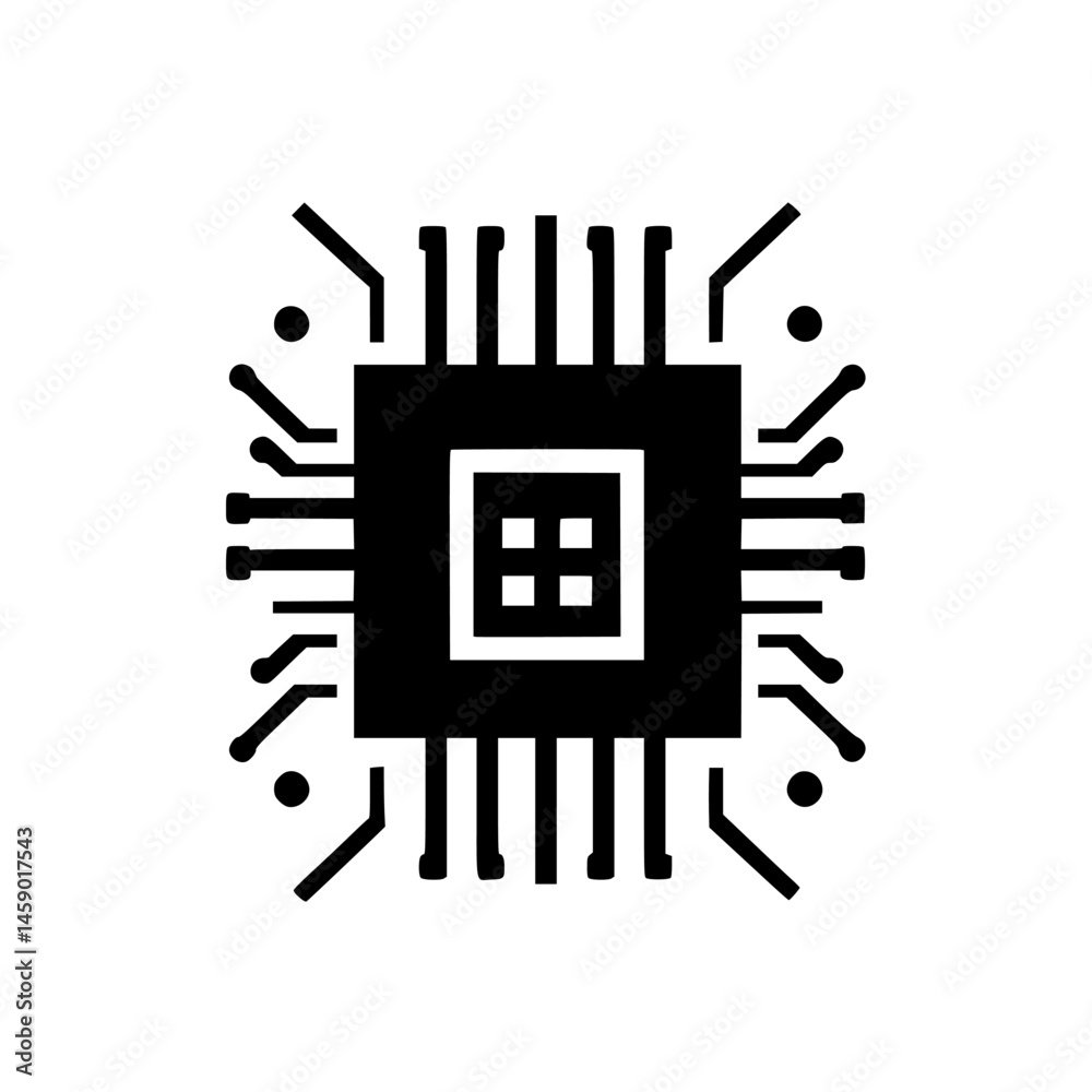 Poster icon representing a microprocessor with circuit patterns illustrating technology and computing