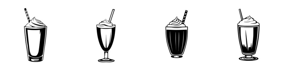 Collection of flat black icons representing different types of milkshakes in various glass styles and shapes