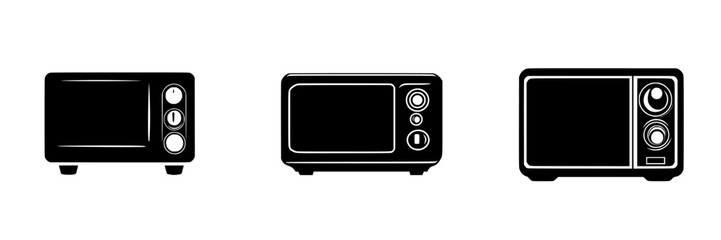Flat black icons of three different microwave designs showcasing simple and modern appliance styles for kitchens