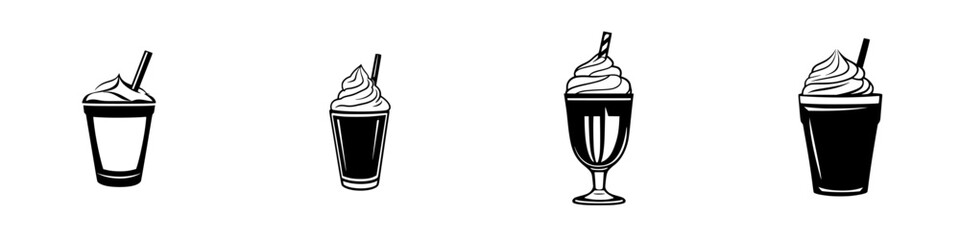 Variety of flat black icons depicting different styles of desserts and drinks for creative design purposes