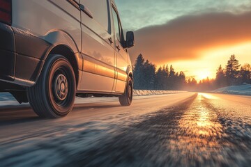 Van driving snowy highway at golden hour, close-up
