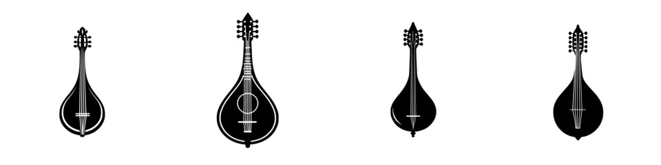 Collection of flat black icons depicting various stringed musical instruments in a minimalist style