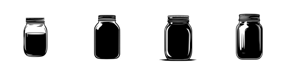 Collection of four flat black icons featuring different styles of jars, each with a unique lid design