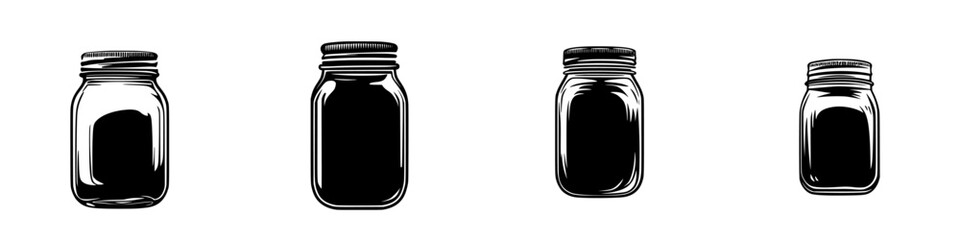 Flat black icons of various jars showcasing different sizes and shapes, useful for graphic design or illustrating contents