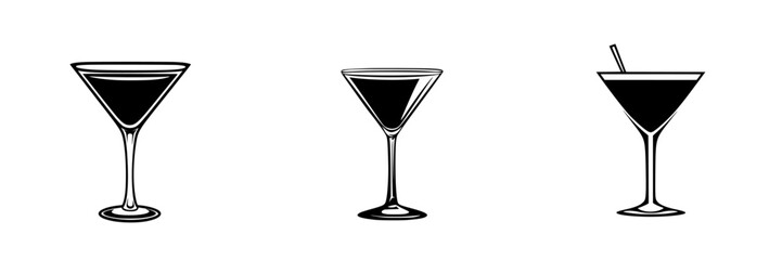 Black cocktail icons featuring various glass styles for modern bar design and menus