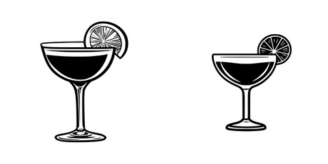 Flat black cocktail glass icons showcasing stylish drink designs for bar menus or cocktail recipes