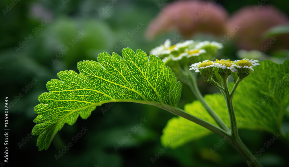 Poster close-up of a vibrant green leaf with intricate vein patterns, showcasing a detailed texture against
