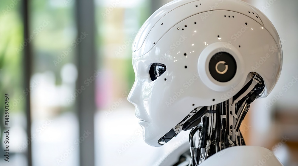 Fototapete Close-up profile view of a sleek, white humanoid robot head, showcasing intricate mechanical details and a calm expression against a blurred background. : Generative AI