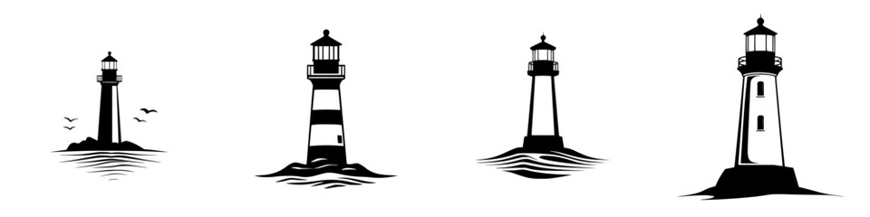 Black icon collection featuring various lighthouse designs symbolizing maritime navigation and coastal safety