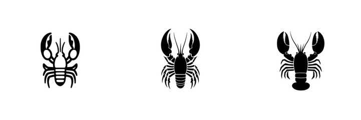 Flat black lobster icons depicting different styles and positions for culinary or graphic design purposes