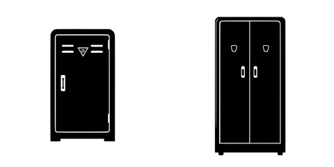 Flat black icon of two distinct styles of refrigerators representing different designs and functionalities for kitchen use in modern homes