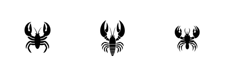 Flat black icon design featuring three variations of a lobster illustration for graphic use
