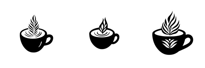 Flat black coffee cup icons with leaf designs representing various styles of latte art