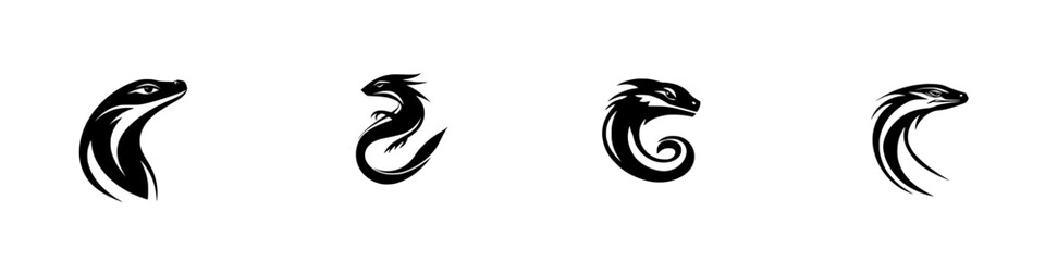 Set of flat black icons representing various stylized dragon and serpent designs for creative projects