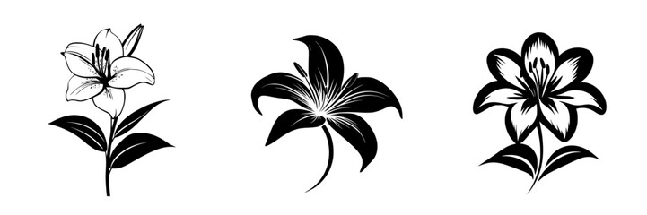 Elegant flat black flower icons showcasing unique designs for use in various creative projects and applications