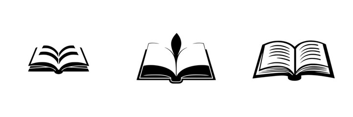 Three flat black book icons representing different stages of reading or types of books for educational purposes and design elements