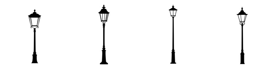 Flat black icons of vintage street lamps in various styles arranged in a row for design and signage purposes