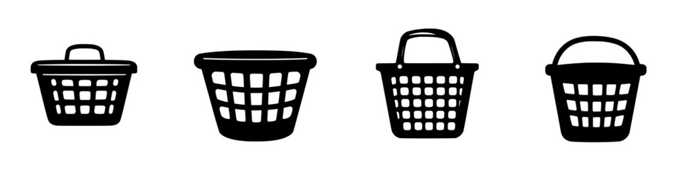 Black icon collection of various laundry baskets depicting different styles and shapes suitable for household use