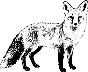 A vector black and white line art sketch of a fox in a natural pose