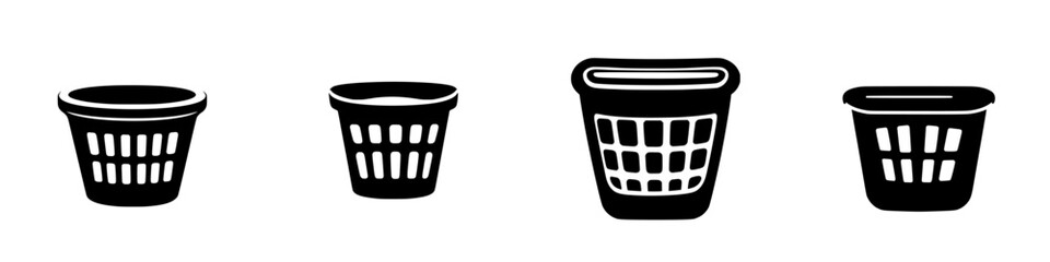 Collection of flat black icons depicting various styles of laundry baskets for design and illustration purposes
