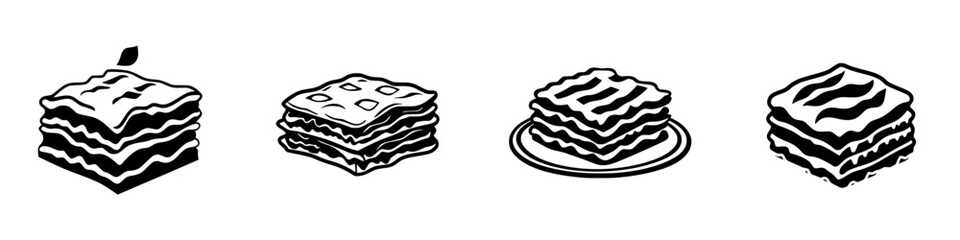 Variety of flat black icons depicting layered food items, showcasing different styles and presentations in a flat design