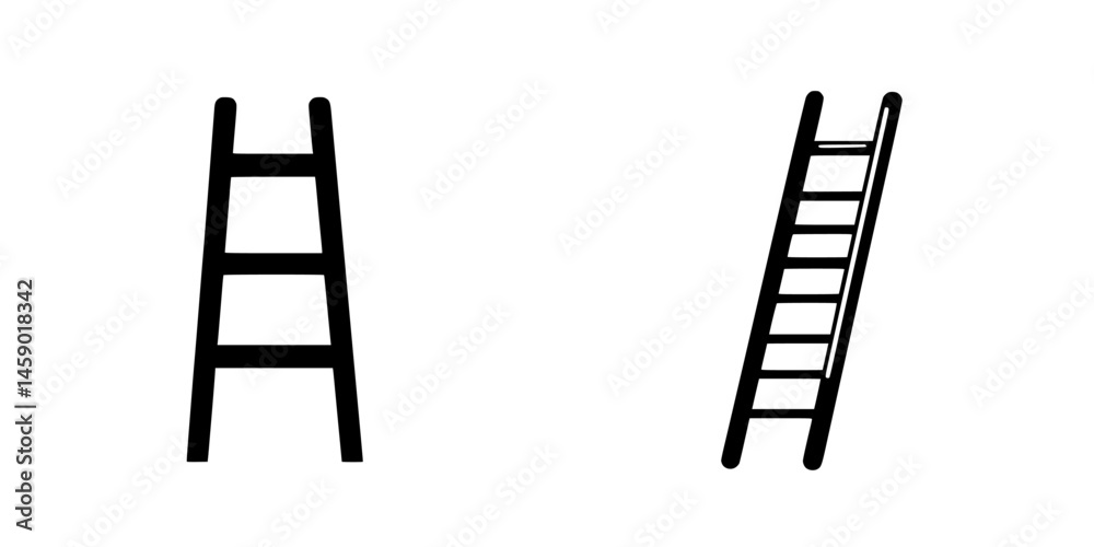 Poster flat black icon of a wooden ladder in two different perspectives showing its design and structure fo