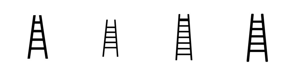 Multiple flat black icons of ladders illustrating various sizes and designs for diverse applications and projects