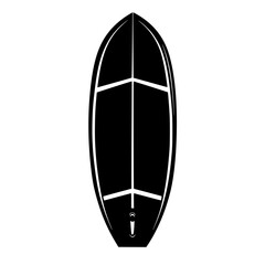 Surfboard design featuring a flat black icon for water sports enthusiasts and branding applications