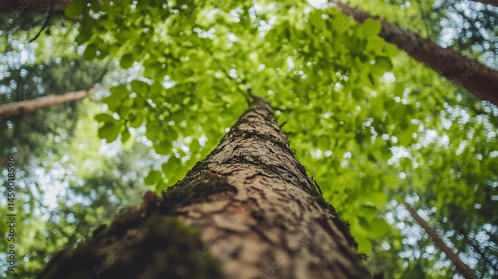 Leinwandbilder Looking up at a towering tree trunk in a lush forest, sunlight filtering through vibrant green leaves, creating a bokeh effect. : Generative AI