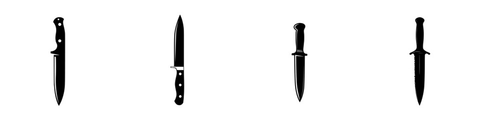 Multiple flat black knife icons showcasing various styles and shapes for design purposes and illustrative needs