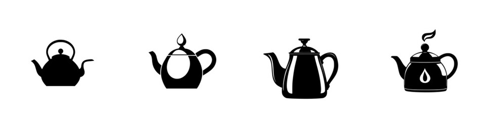 Collection of flat black teapot icons featuring various designs and shapes