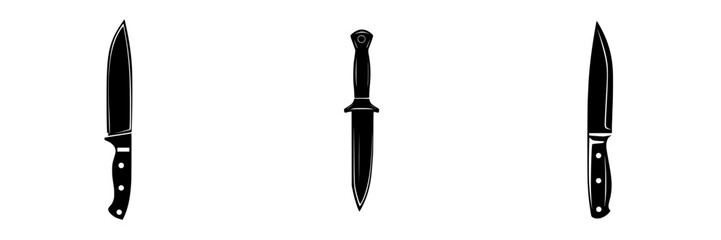 Various flat black knife icons representing different types of kitchen and utility knives for graphic design purposes