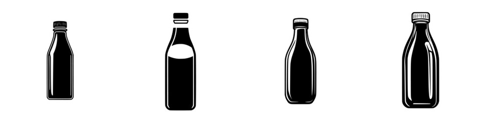 Milk bottle icons in flat black style representing different orientations and contents for diverse design needs