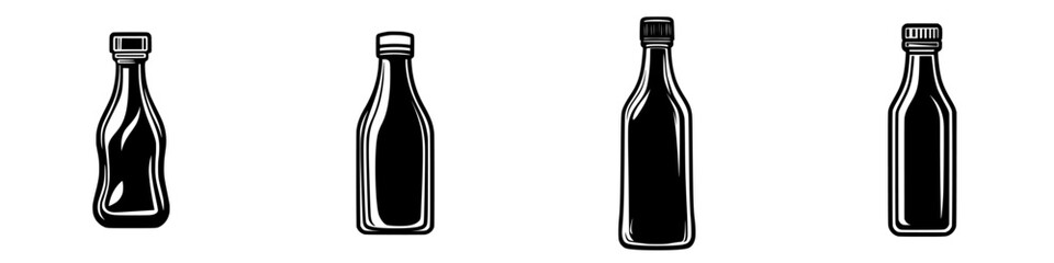 Various flat black icon representations of condiment bottles for design purposes