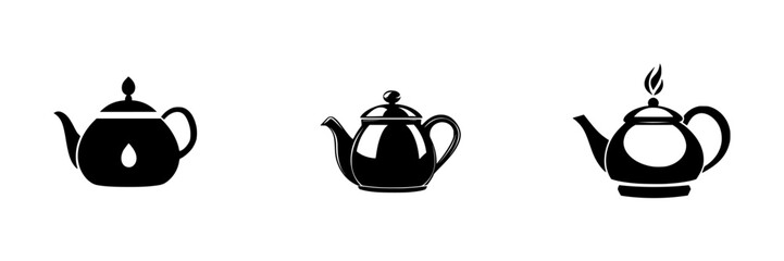 Stylized flat black teapot icons depicting various designs and details suitable for minimalistic graphics and logos in kitchen themes