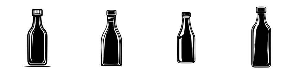 Distinctive flat black icon collection featuring various bottle shapes in a minimalist design suitable for diverse uses