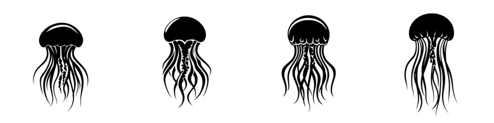Flat black jellyfish icons in a minimalist design, suitable for various digital applications and creative projects