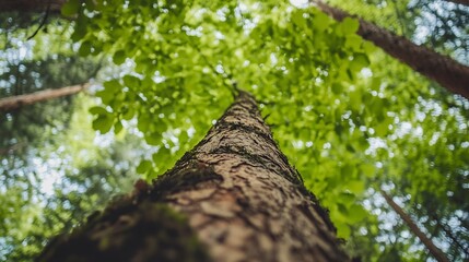 Looking up at a towering tree trunk in a lush forest, sunlight filtering through vibrant green leaves, creating a bokeh effect. : Generative AI