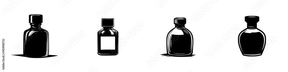 Poster flat black icon set of various bottle shapes featuring different designs and sizes for versatile usa