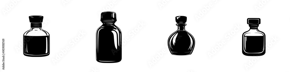 Poster flat black icon set featuring various bottle shapes ideal for design use, showcasing versatility in 