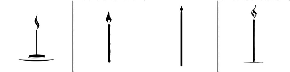 Flat black icon collection featuring various candle designs showcasing different shapes and flame styles